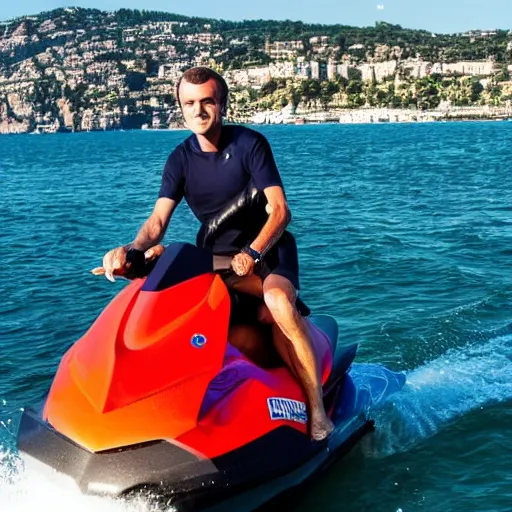 Prompt: a photo of emmanuel macron on a jetski with brigitte macron