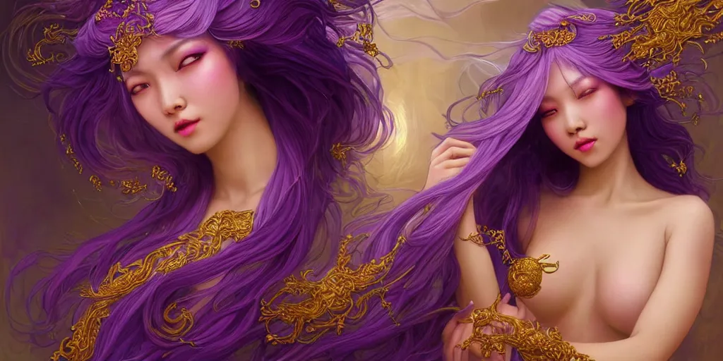 Image similar to asian nymph goddess flowing purple hair twisting in sensual pose with golden tattoes of cursive sigils on her opalescent skin, fantasy, intricate, very beautiful, elegant, golden light, highly detailed, digital painting, artstation, concept art, smooth, sharp focus, unreal engine, art by wlop and tian zi and alphonse mucha