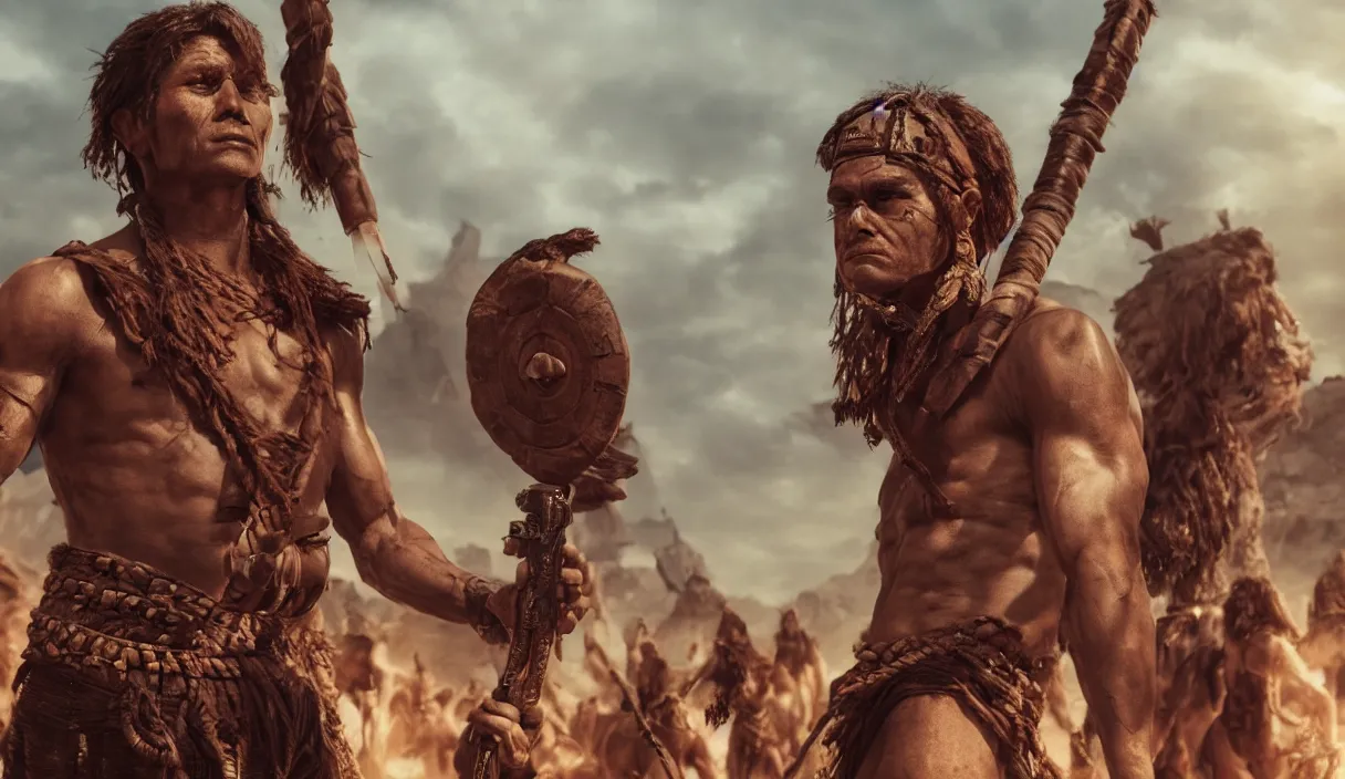 Prompt: an ancient tribesman with laser sword standing in front of barbarian horde, handsome symmetrical faces, muscular bodies, dramatic lighting, cinematic, establishing shot, extremely high detail, photorealistic, cinematic lighting, artstation, octane render, western,old photo, vintage