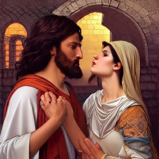 Image similar to jesus kissing a sensual woman in jerusalem, elegant, highly detailed, digital painting, artstation, concept art, matte, sharp focus, highly detailed, 4 k, hdr, smooth, sharp focus, high resolution, award - winning photo, photorealistic, art by artgerm and greg rutkowski and alphonse mucha, large shot