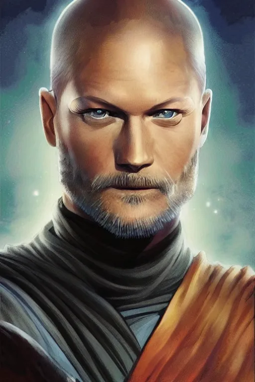 Prompt: bald Travis Fimmel as a Jedi Master, looking at the viewer, detailed face, high contrast, highly detailed, digital painting, sharp focus, trending on artstation, concept art, illustration, art by greg hildebrandt and clayton crain