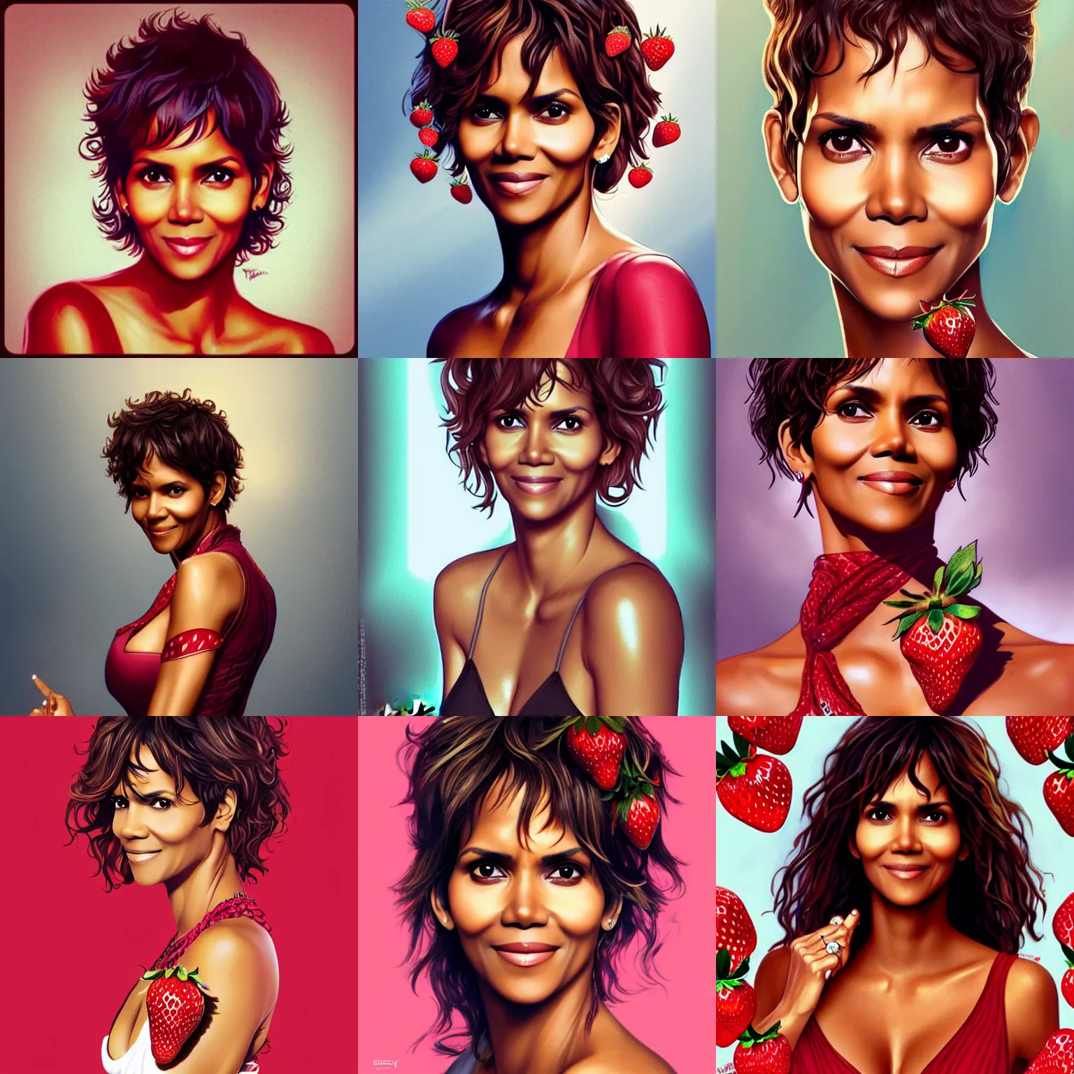 Prompt: halle berry wearing a strawberry, mucha, artgerm, trending on artstation