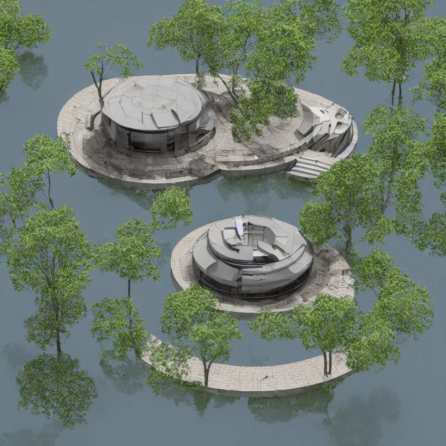 Image similar to architectural model, isometric view, 3 d render, studio lighting, low contrast, dark background, highly detailed, a circular house with circular courtyards floating on water at the sloping edge of a lake, tree