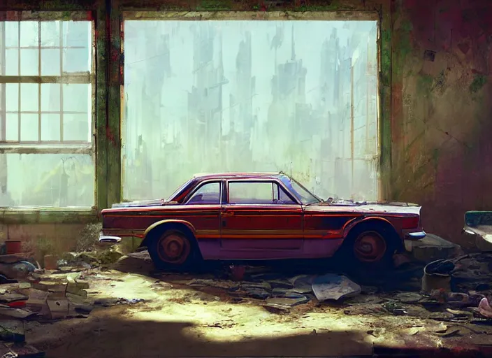 Prompt: an old retro car in a ruined penthouse, painting by craig mullins, octane rendering, soft morning lighting, wide angle lens, in the style of hayao miyazaki, trending on artstation,