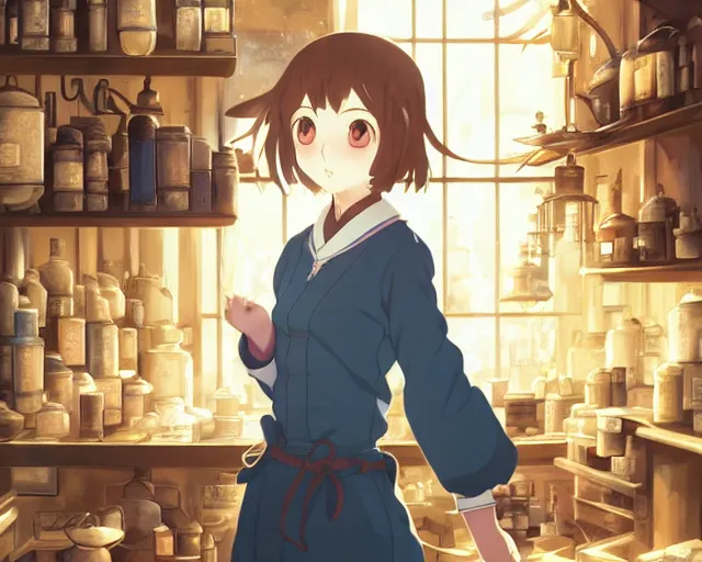 Image similar to anime visual, portrait of a young female traveler in a alchemist's shop interior, cute face by yoh yoshinari, katsura masakazu, studio lighting, dynamic pose, dynamic perspective, strong silhouette, anime cels, ilya kuvshinov, cel shaded, crisp and sharp, rounded eyes, moody