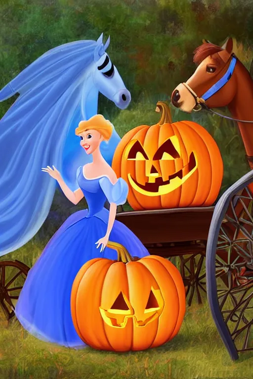 Prompt: beautiful mystical digital painting cinderella and prince charming and horse drawn pumpkin carriage pixar style