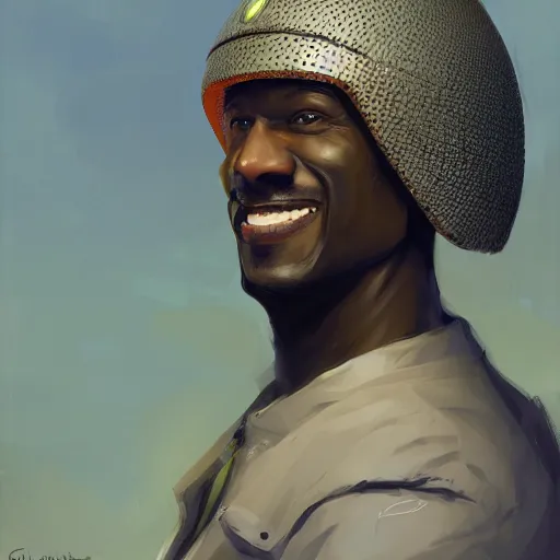 Prompt: side portrait of a goofy looking black guy with a melon helmet that covers only the top of his head by greg rutkowski