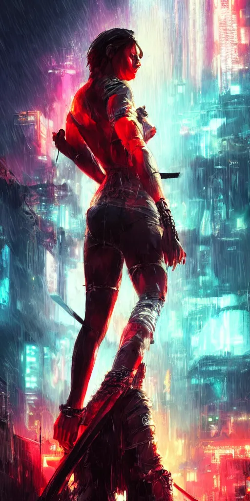 Prompt: back shot of one beautiful girl warrior in punk jacket gazing back into distance land, holding two swords that glows in neon red. standing on wet road, digital art by wlop. artstation contest winner, cinematic paint. lower shot. dramatic cloud and ruined city in background. blade runner