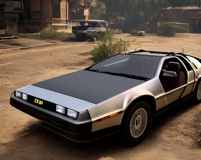 Image similar to new concept for a delorean, cinematic, photoreal, by red dead redemption 2