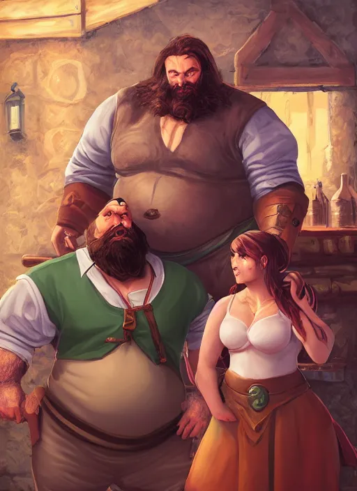 Image similar to an epic fantasy comic book style portrait painting of a hearty man with a big belly and thick beard and large woman who are a couple in a tavern with them both wearing aprons, unreal 5, daz, hyperrealistic, octane render, cosplay, rpg portrait, dynamic lighting