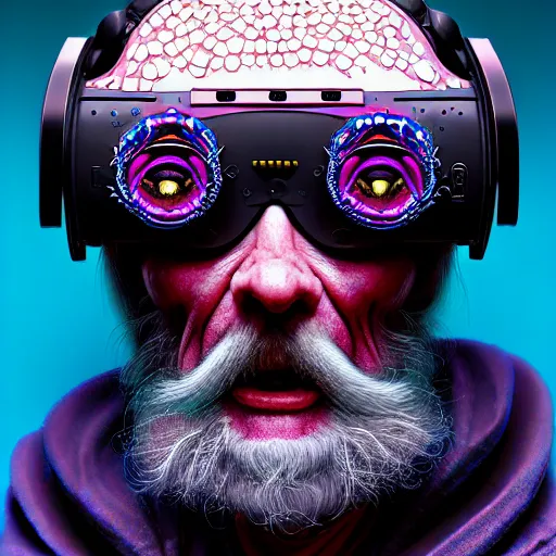 Image similar to Colour Photography of 1000 years old man with highly detailed 1000 years old face wearing higly detailed cyberpunk VR Headset designed by Josan Gonzalez Many details. . In style of Josan Gonzalez and Mike Winkelmann andgreg rutkowski and alphonse muchaand Caspar David Friedrich and Stephen Hickman and James Gurney and Hiromasa Ogura. Rendered in Blender with Minecraft style