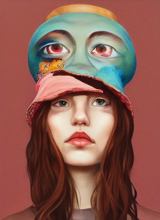 Image similar to brown eyes girl with abstract hat :: by Martine Johanna and Simon Stålenhag and Chie Yoshii and wlop and Guillermo del toro :: ornate, dynamic, particulate, rich colors, elegant, centered, artstation, smooth, sharp focus, octane render, 3d