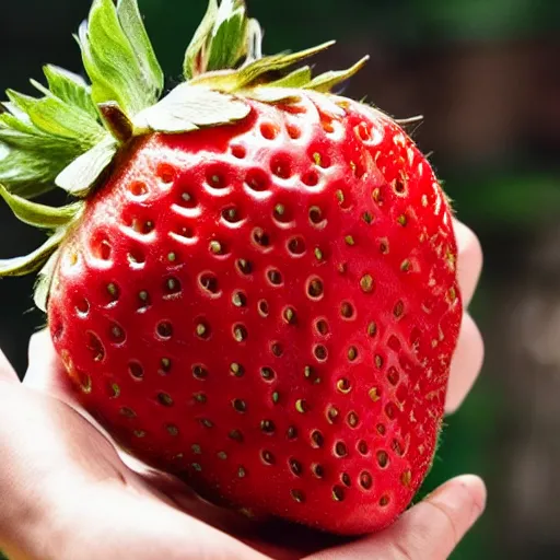 Image similar to a hand holding a giant 1 0 kg strawberry