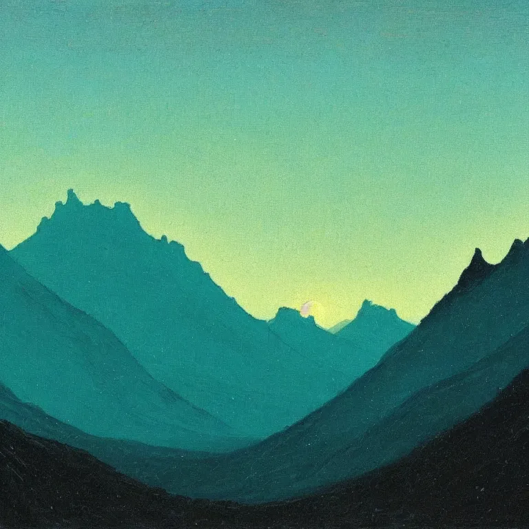 Image similar to caucaus mountains at night, arkhip kuindzhi painting, teal palette, thus spoke zarathustra