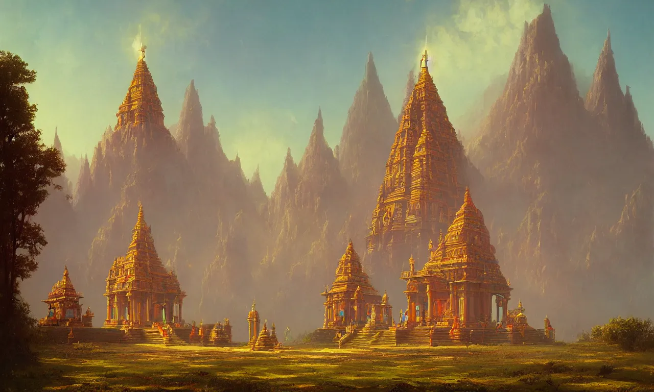 Image similar to A beautiful Hindu temple by Simon Stålenhag and Albert Bierstadt, oil on canvas