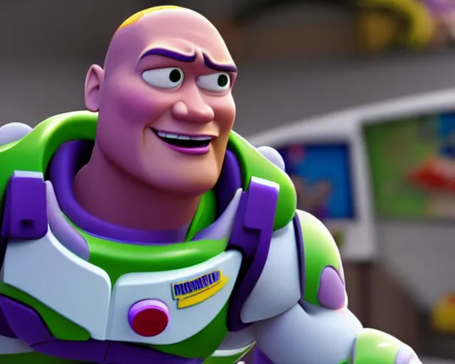 Image similar to Film still close-up shot of Dwayne Johnson as Buzz Lightyear in the movie Toy Story 3. Photographic, photography