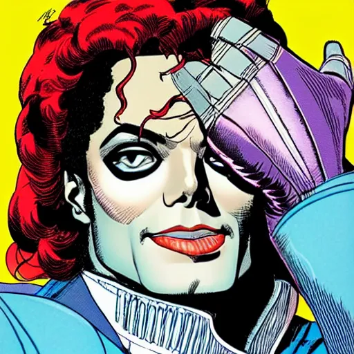 Image similar to dynamic macro head portrait of beautifu michael jackson super hero in white sequined jacket by john romita sr and cory walker and ryan ottley and jack kirby and barry windsor - smith, comic, illustration, photo real