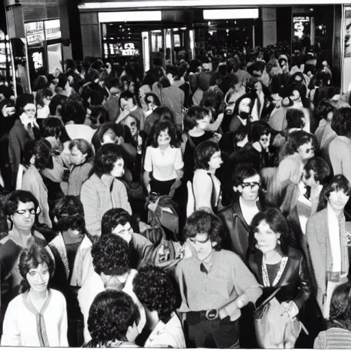 Image similar to People in a crowded mall, circa 1980