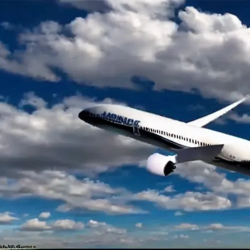 Image similar to vhs footage of a boeing 787 flying overhead