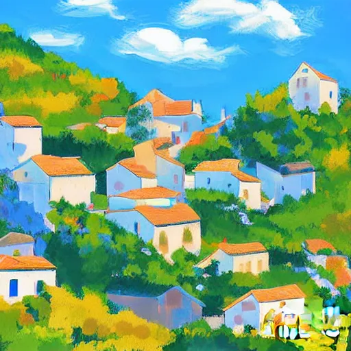 Prompt: village on a prominence in provence, digital art, blue skies