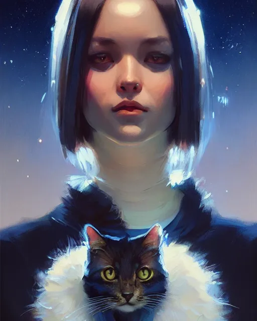 Image similar to a potrait of a space fanstasy cat, fine details. night setting. realistic shaded lighting poster by ilya kuvshinov katsuhiro, artgerm, jeremy lipkin and michael garmash, unreal engine, radiant light, detailed and intricate environment, digital art, trending on art station