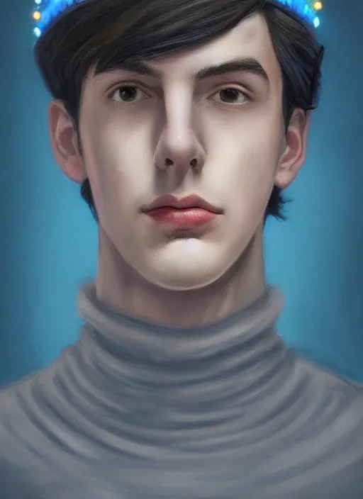 Image similar to portrait of teenage jughead jones wearing a light grey crown, crown, blue turtleneck, 1 9 5 0 s, closed eyes, photorealistic, black hair, glowing lighting, intricate, elegant, glowing lights, highly detailed, digital painting, artstation, concept art, smooth, sharp focus, illustration, art by wlop, mars ravelo and greg rutkowski