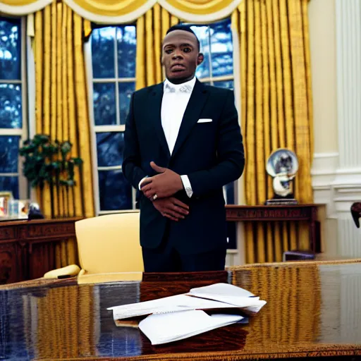 Image similar to professional portrait of dababy in the oval office, wearing a black suit,