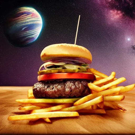 Prompt: a burger and fries and shake floating through space, realism, 4 k, galaxy, milky way, high detail