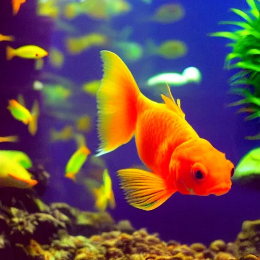 Image similar to luminescent glowing goldfish swimming in an aquarium, photography