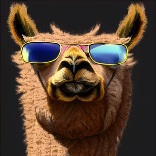Prompt: Portrait of a alpaca wearing sunglasses and a cap, digital painting, highly detailed, fantasy, artstation, concept art, smooth, sharp focus, illustration