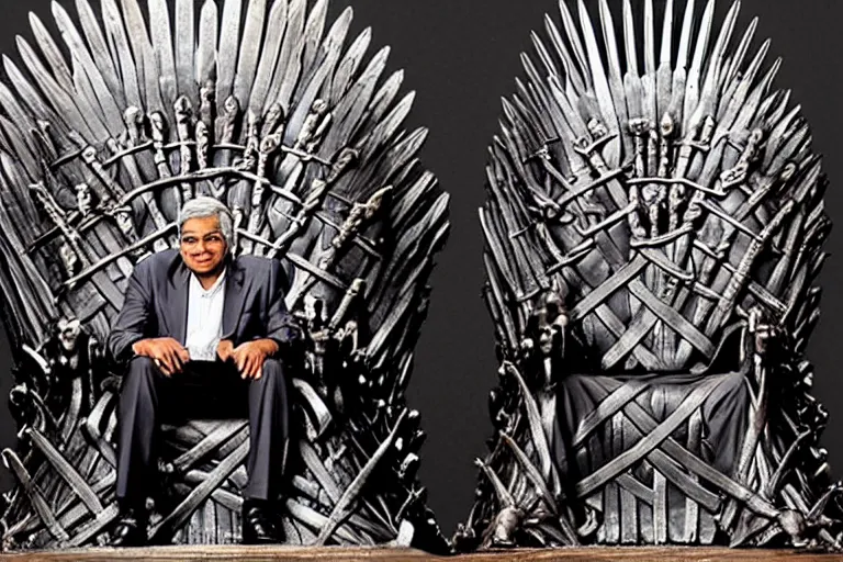 Image similar to Ranil Wickramasinghe sitting on the iron throne, closeup photograph, dark color scheme