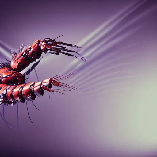 Image similar to a robotic shrimp, god, evil, villain, studio, studio background, sharp focus, dynamic lights, still, photograph, hyper realistic, masterpiece, digital, octane render, rendered, 3 d, blender, 3 d software, cinematic, cinematic lighting, dramatic lighting, dramatic, highly detailed, intricate details, texture, slime, cinematic composition