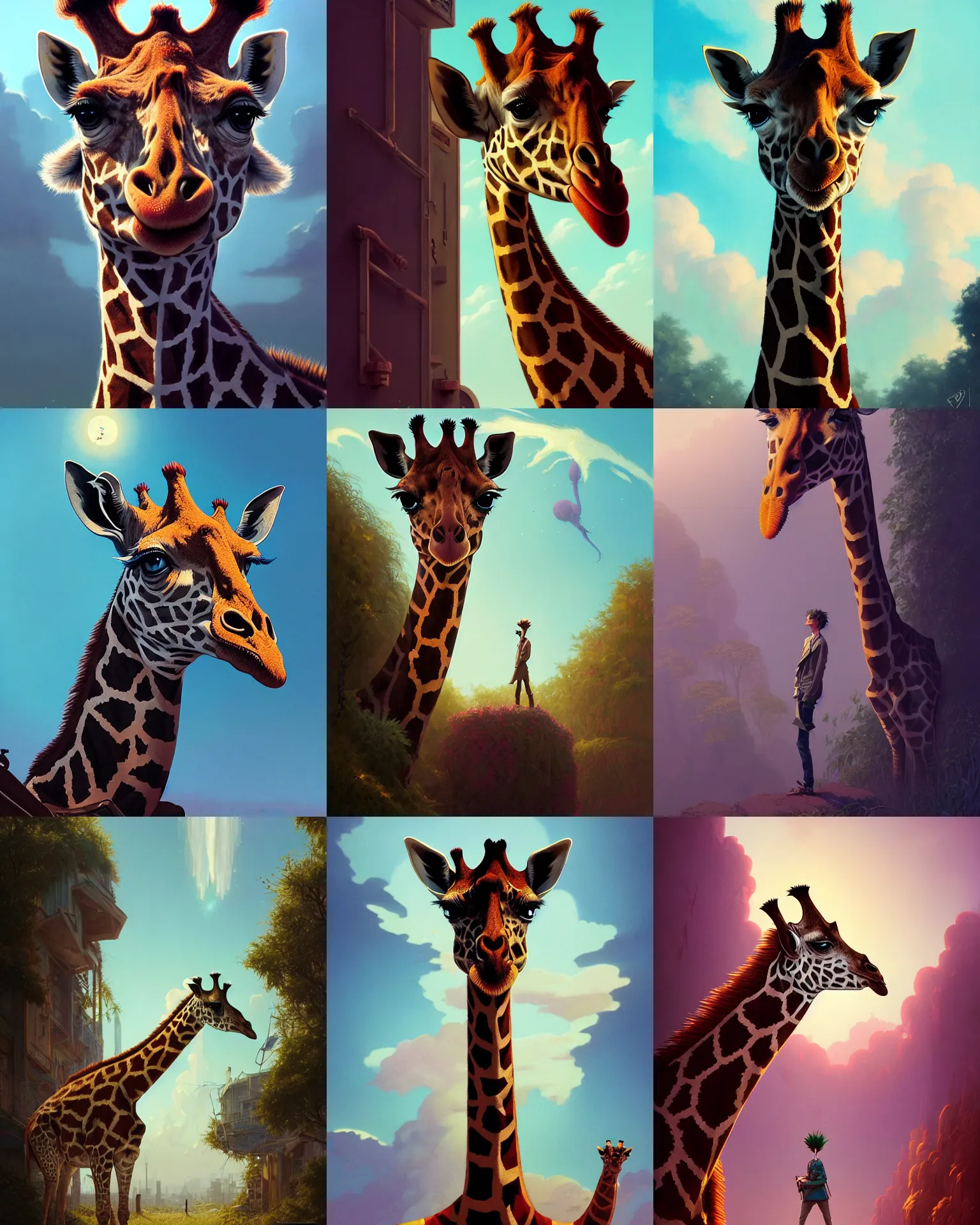 Prompt: highly detailed surreal vfx portrait of a nowpunk giraffe, stephen bliss, unreal engine, greg rutkowski, loish, rhads, beeple, makoto shinkai and lois van baarle, ilya kuvshinov, rossdraws, tom bagshaw, alphonse mucha, global illumination, detailed and intricate environment