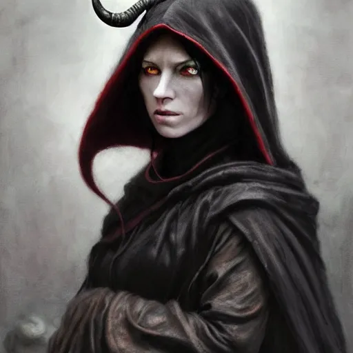 Image similar to masterpiece portrait of a surly and resentful female tiefling thief with horns wearing a black hooded cloak and a thief's leather garb, crimson skin pigmentation, black eyes, by Greg Rutkowski, as seen on ArtStation, 4k, dungeons and dragons, very aesthetic, very detailed, intricate, unreal, fantasy, dramatic, painterly, artstation, sharp focus, smooth