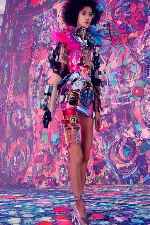 Image similar to antediluvian steppe magical girl wearing cybernetic floral valentino resort ss 2 0 1 4, cyberpunk steppe market background, bright fashion photography, hyperrealistic