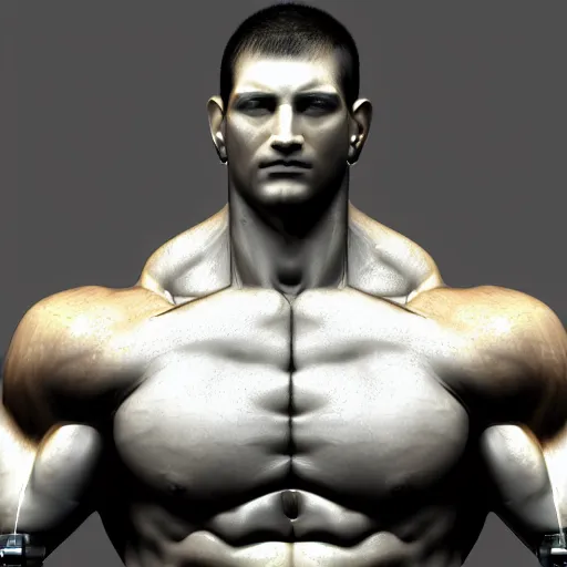 Image similar to a realistic detailed photo of a bodybuilder who is also a male android Chris Redfield, shiny skin, posing robotically, blank stare