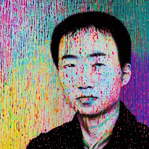 Image similar to a portrait of byron li composed of flecks of paint lush & immense density long strands of drips in all directions splatters of mixed pigments with solid color inside.