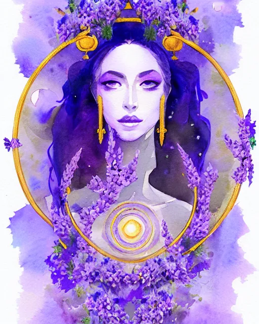 Prompt: watercolor portrait of a lunar priestess, lavender flowers, artgerm, radiant halo of light, gilding, intricate design