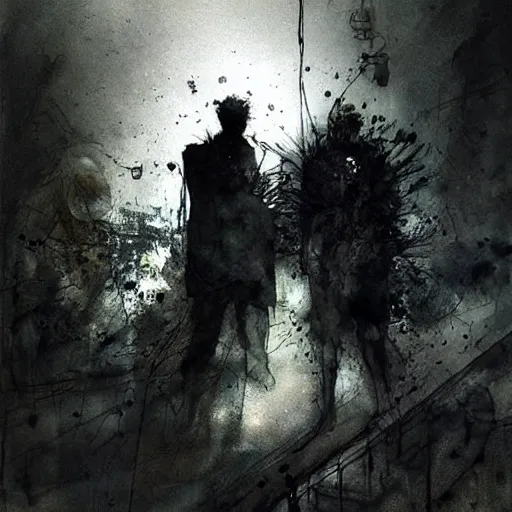 Image similar to a man stealing energy from another man by emil melmoth zdzislaw belsinki craig mullins yoji shinkawa realistic render ominous detailed photo atmospheric by jeremy mann francis bacon and agnes cecile ink drips paint smears digital glitches glitchart