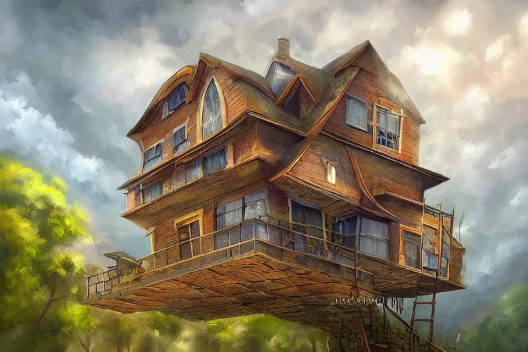 Image similar to A hyperdetailed digital oil painting of a house in the clouds,ladder,cartoon, Trending on ArtStation and DeviantArt