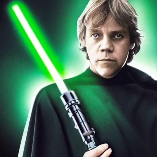 Prompt: luke skywalker holding a green lightsaber wearing a dark cloak