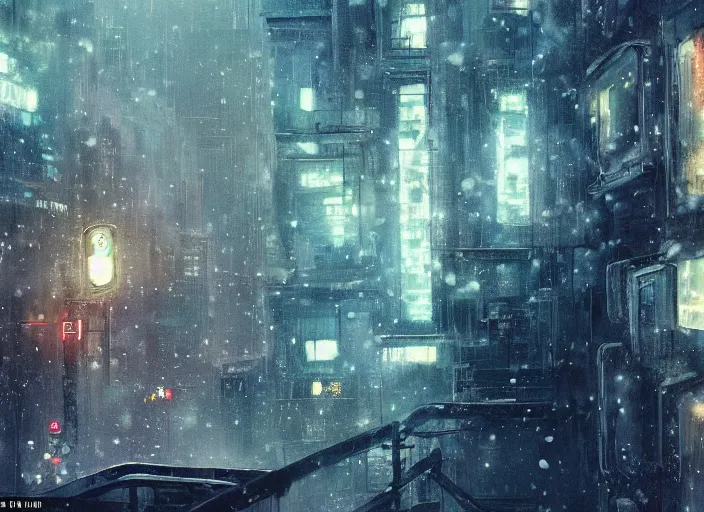 Prompt: man sitting on top of building ledge snowing snowy film photo night time serene city scape (((Wadim Kashin Wenjun Lin Bladerunner2049))) ((somber melancholic))