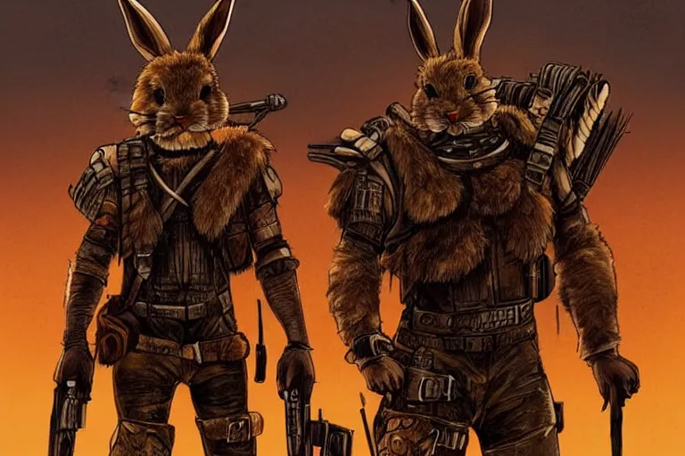 Image similar to a good ol'rabbit fursona ( from the furry fandom ), heavily armed and armored facing down armageddon in a dark and gritty version from the makers of mad max : fury road. witness me.