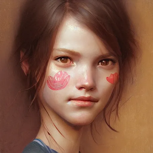 Image similar to Facial portrait of a cute shy girl, looking at the camera, slight awkward smile, lips slightly parted, no hands visible,, intricate, extremely detailed painting by Greg Rutkowski and by Henry Justice Ford and by Steve Henderson and Jean Giraud