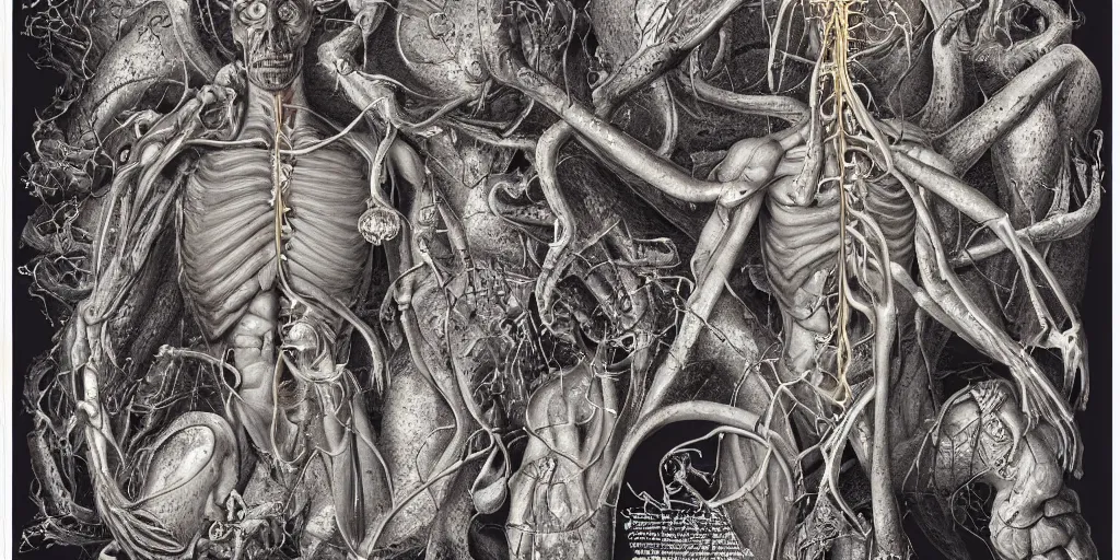 Prompt: highly detailed labeled medical anatomy poster of a eldritch god, poster paper with notes, well - lit, ray tracing, detailed, mechanism, forbidden - knowledge, intricate details, gold and silver ink, by kentaro miura, marco bucci