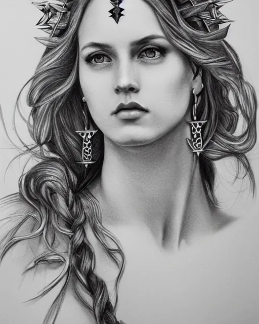Prompt: long shot realism pencil drawing of the beautiful greek goddess aphrodite wearing a laurel wreath and arrowhead earrings, beautiful confident eyes, beautiful flowing hair, hyper realistic face, in the style of artgerm, fantasy, amazing detail, epic, elegant, smooth, sharp focus, from the front