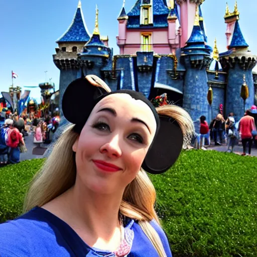 Image similar to high detail selfie by a woman wearing mickey mouse ears, disneyland castle in background, taken on iphone