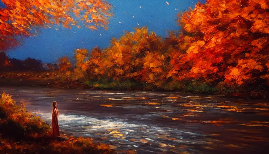 Prompt: an oil painting of a beautiful woman melting into a peaceful river at night, it's autumn and a gentle breeze is moving leaves around, cinematic lighting, establishing shot, art station