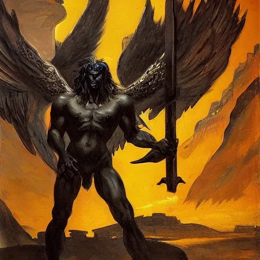 Image similar to Street art. a large, muscular demon-like creature with wings, standing in a dark, hellish landscape. The creature has red eyes and sharp teeth, and is holding a large sword in one hand. by Joaquín Sorolla, by Ken Kelly kaleidoscopic