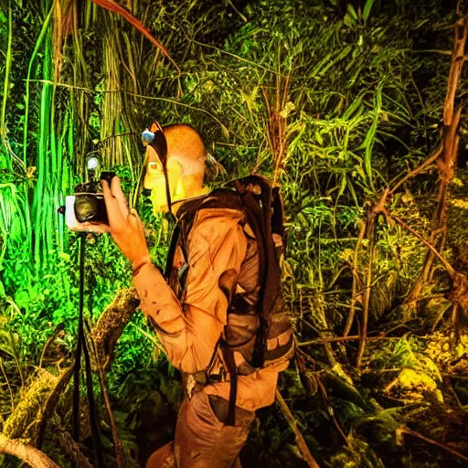 Image similar to an amatir photo capturing alien on jungle at night, candid